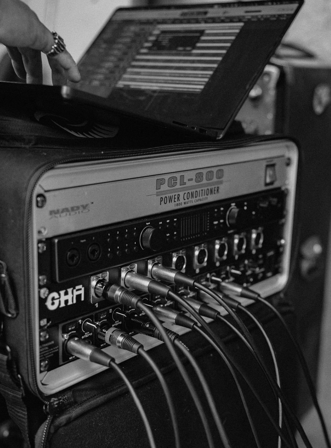 GoatHead Audio mobile rack with power conditioner, preamps, XLR cables, and laptop DAW on location